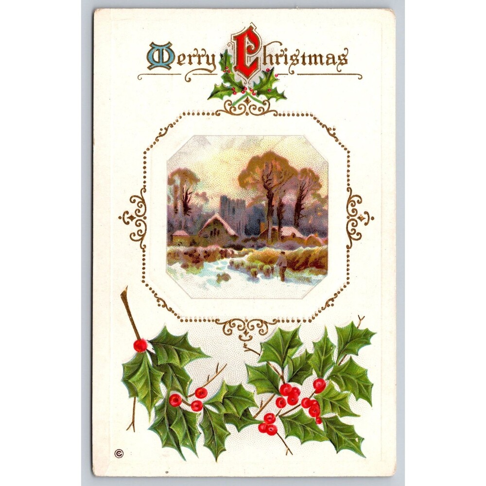 Vintage Embossed Christmas Postcard Winter Landscape Holly Series 318 C Used